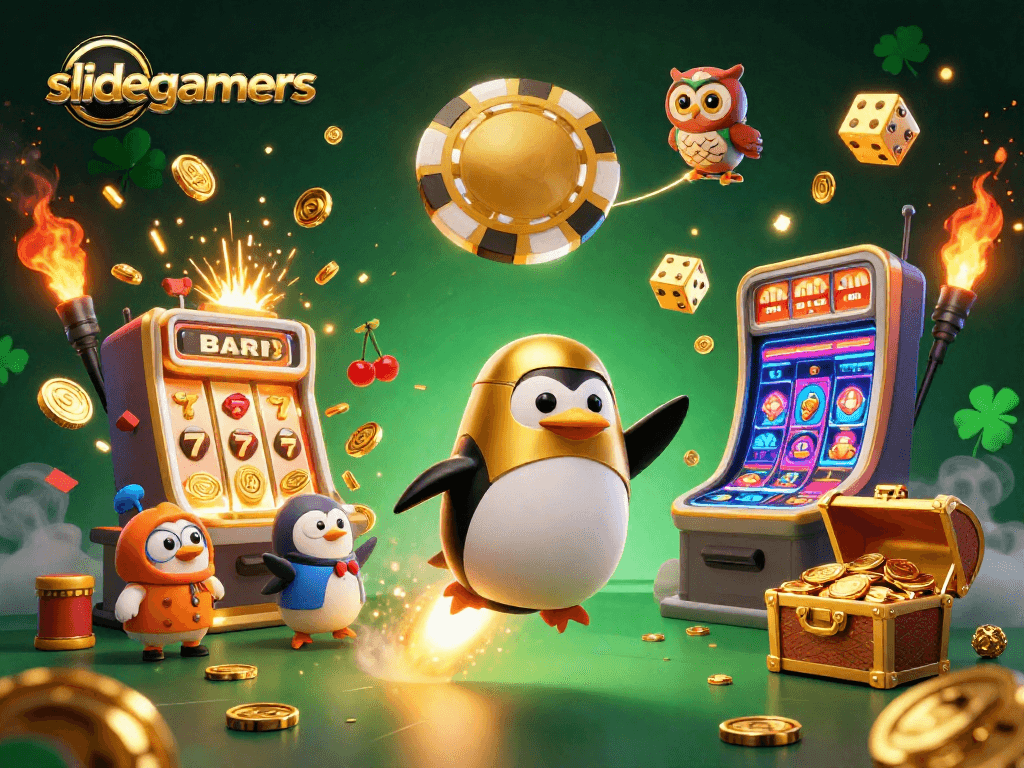 Experience slidegamers with a thrilling scene of a golden penguin soaring towards a jackpot-filled casino.