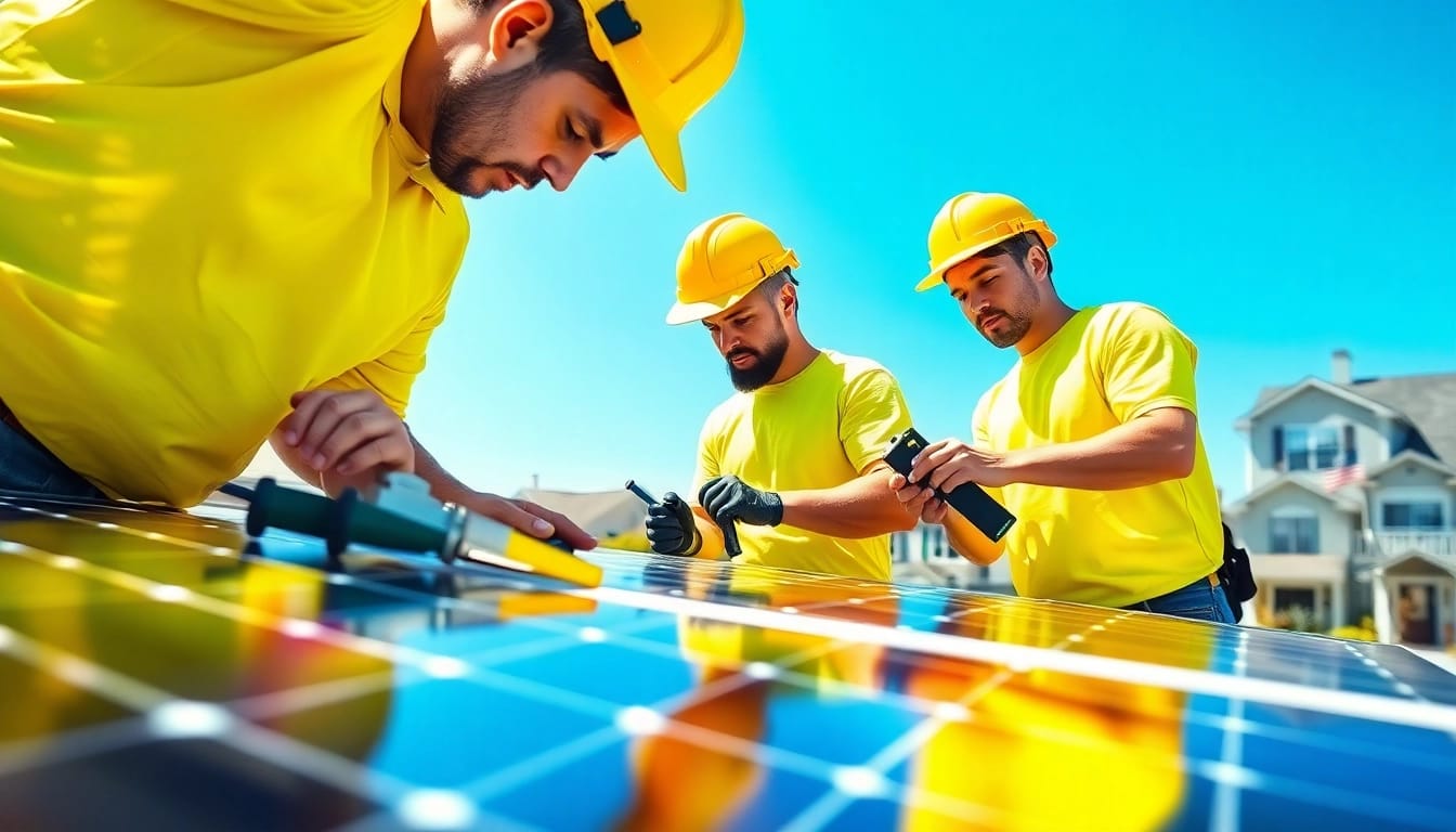Solar repair company New Jersey technicians repairing solar panels in a bright residential area.