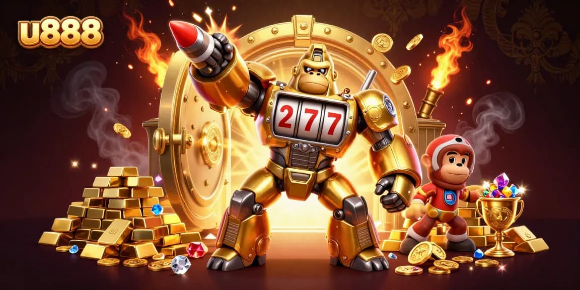 Engage with u888's dynamic golden gorilla mech amid a treasure-filled casino setting.