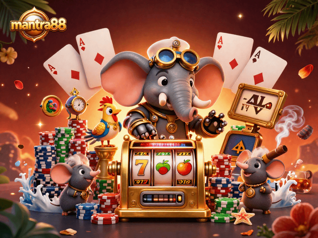 Experience thrilling gameplay with mantra88's cartoon steampunk elephant engineer and golden slot machine.