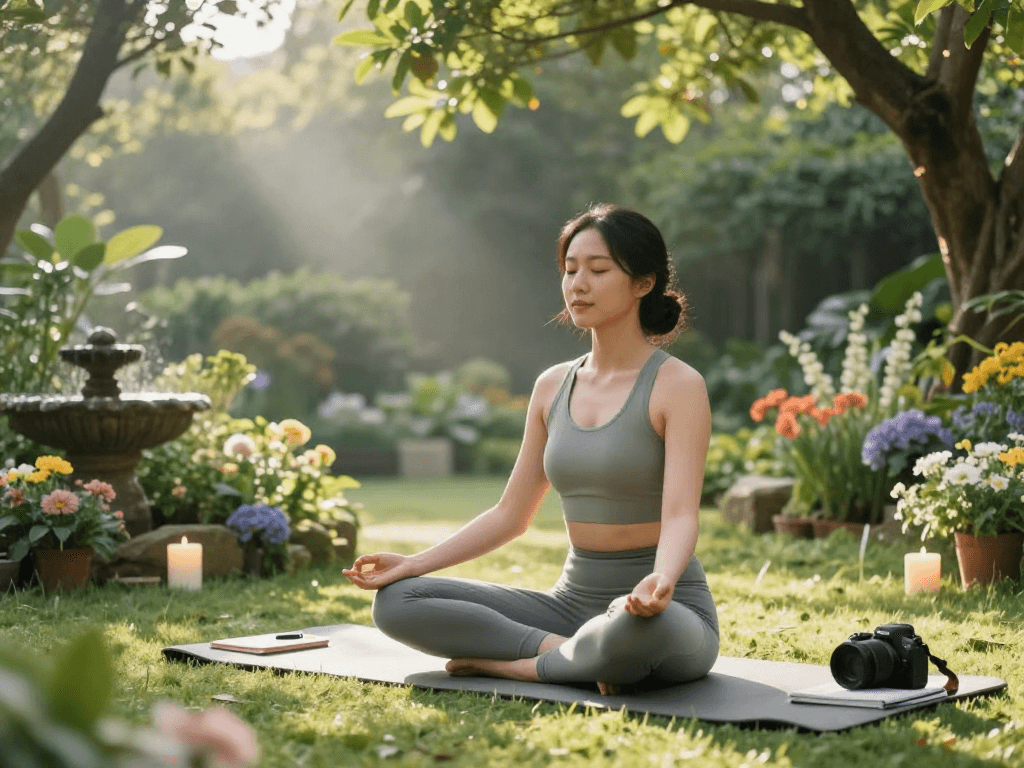 Practitioner experiencing mindfulness with mantra88 in serene garden setting.