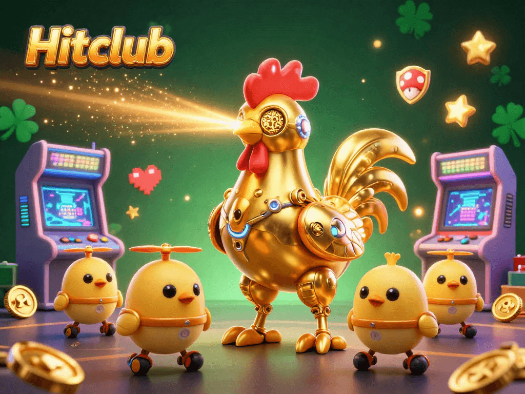 Hitclub features the golden rooster robot in a vibrant casino-themed digital illustration.