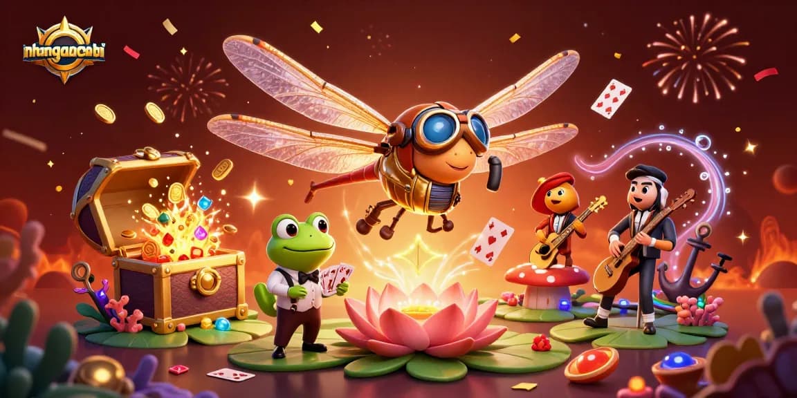 Engage in thrilling card games at nhanquagamebai's vibrant lily pad casino featuring exciting characters.