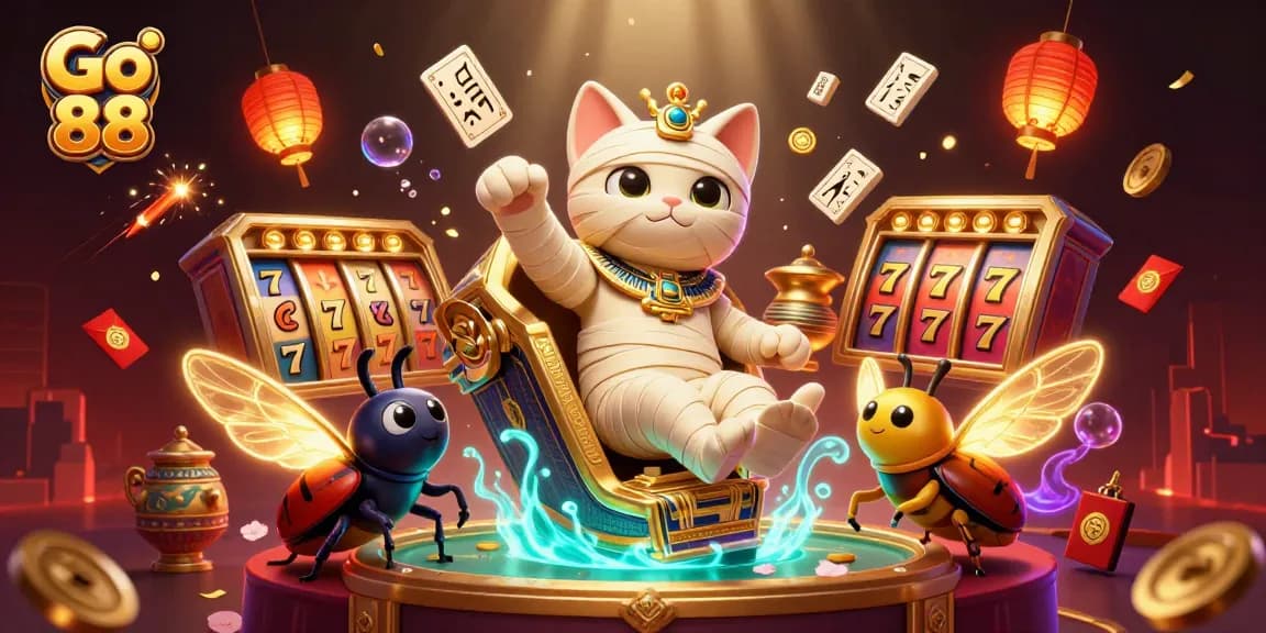 Engage in thrilling gameplay at Go 88 as cartoon characters burst from a golden sarcophagus.