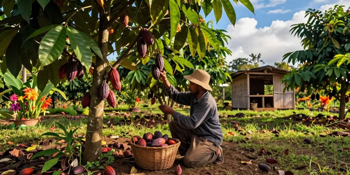 Farmer harvesting cacao pods on farm m98, showcasing sustainable agriculture.