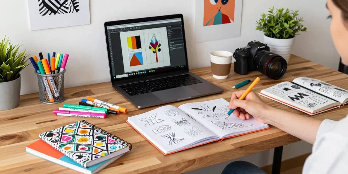 Custom printed notebooks on a designer's workspace, showcasing creativity and design.