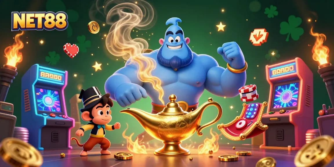 Experience NET88's thrilling casino adventure with a genie, monkey, and poker chips!