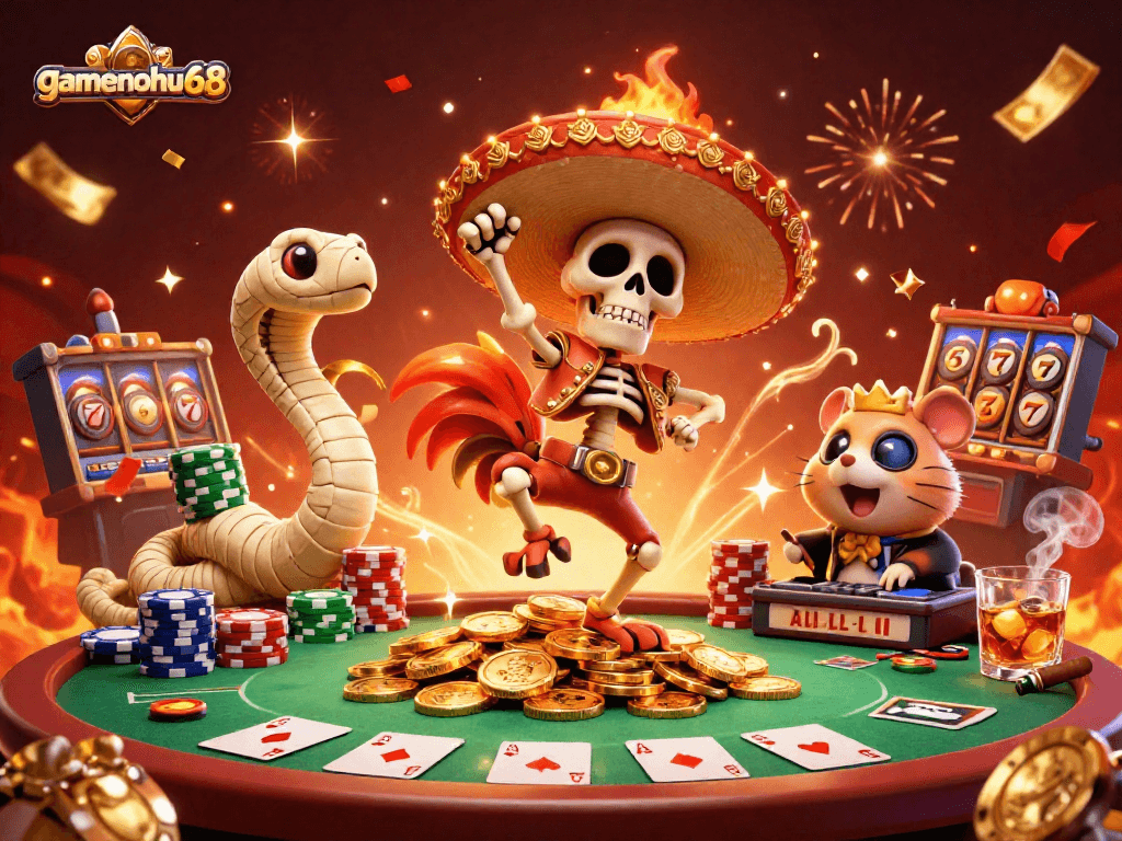 Experience thrilling victories at gamenohu68 with vibrant casino characters celebrating amidst action.