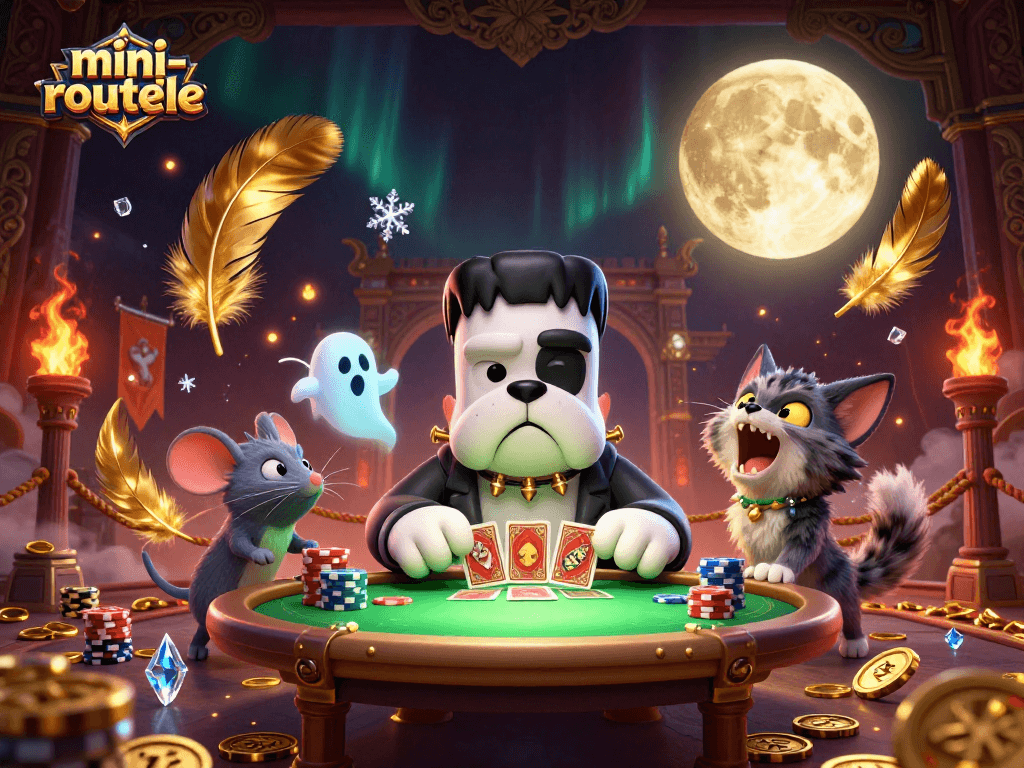 Engage in mini-roulette excitement with a haunted card game scene featuring unique characters.
