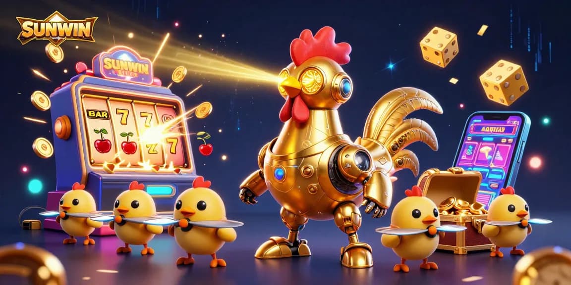 SUNWIN gamblers enjoy exciting action with a golden rooster robot amidst vibrant slot machine winnings