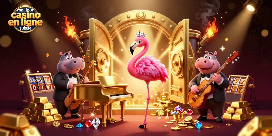Vibrez avec le meilleur casino en ligne suisse : chanteuse flamant et hippopotame dans un décor de rêve.