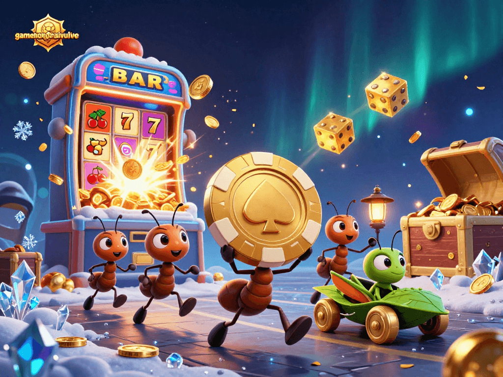 Experience the excitement of gamenongtraivuive as cartoon ants heist a giant poker chip in a vibrant casino scene.