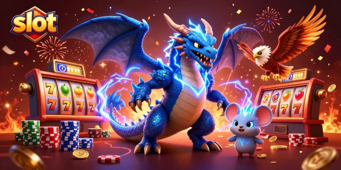 Spin slot reels with vibrant symbols featuring a cartoon thunder dragon and poker chips in dynamic action.