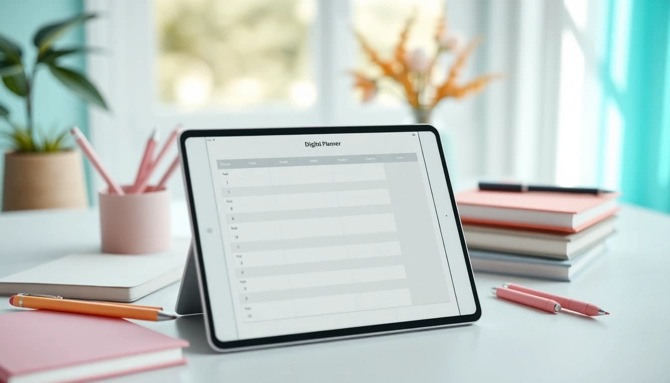 Explore Digital Planners For iPad featuring a sleek interface on an iPad in a cozy workspace.