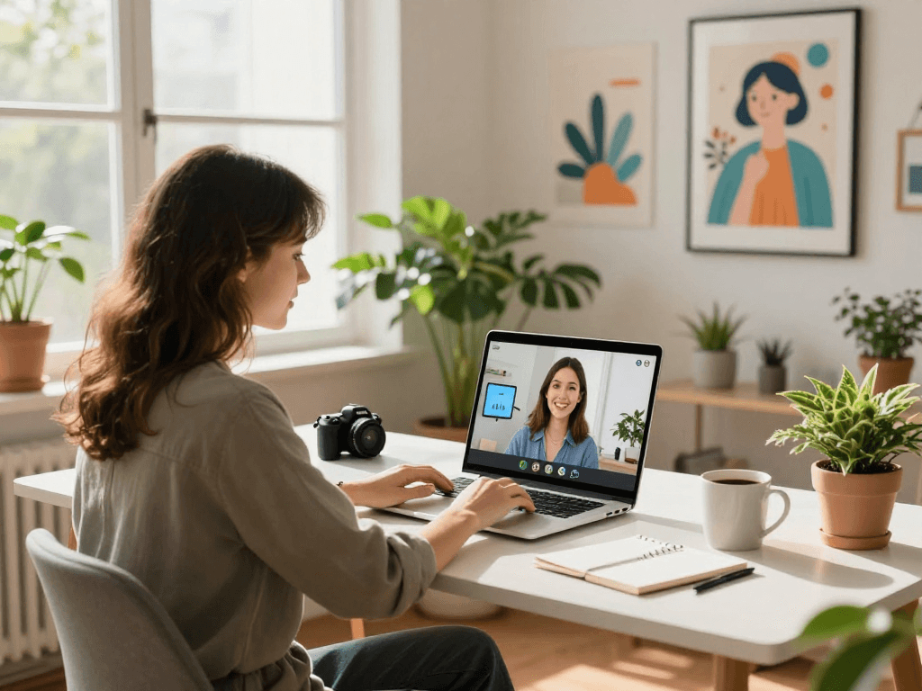Young woman engaging with the ai gf application during a video call in a modern home office.