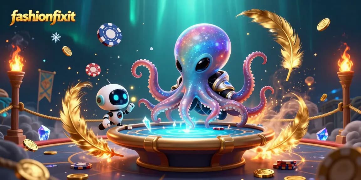 Engage with the vibrant gambling experience at fashionfixit with alien octopus at a poker table.