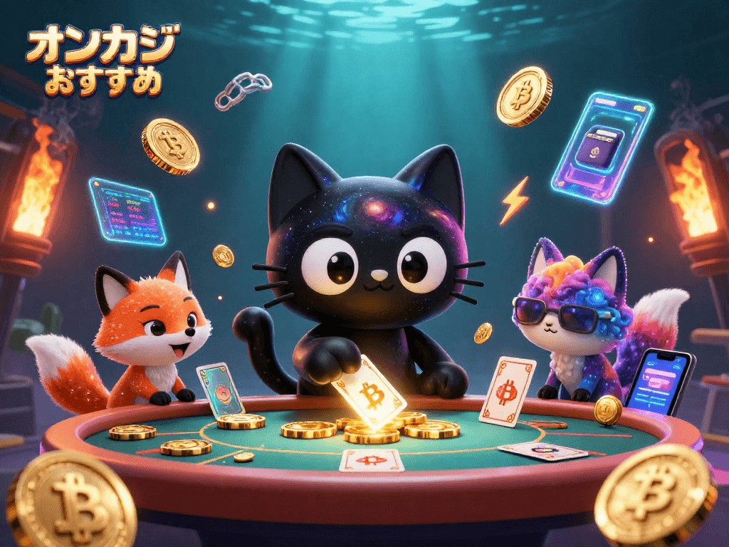 オンカジ おすすめでカジノゲームを楽しむ幻想的な宇宙のシーンで、魅力的なキャラクターが金のチップを引き寄せています。