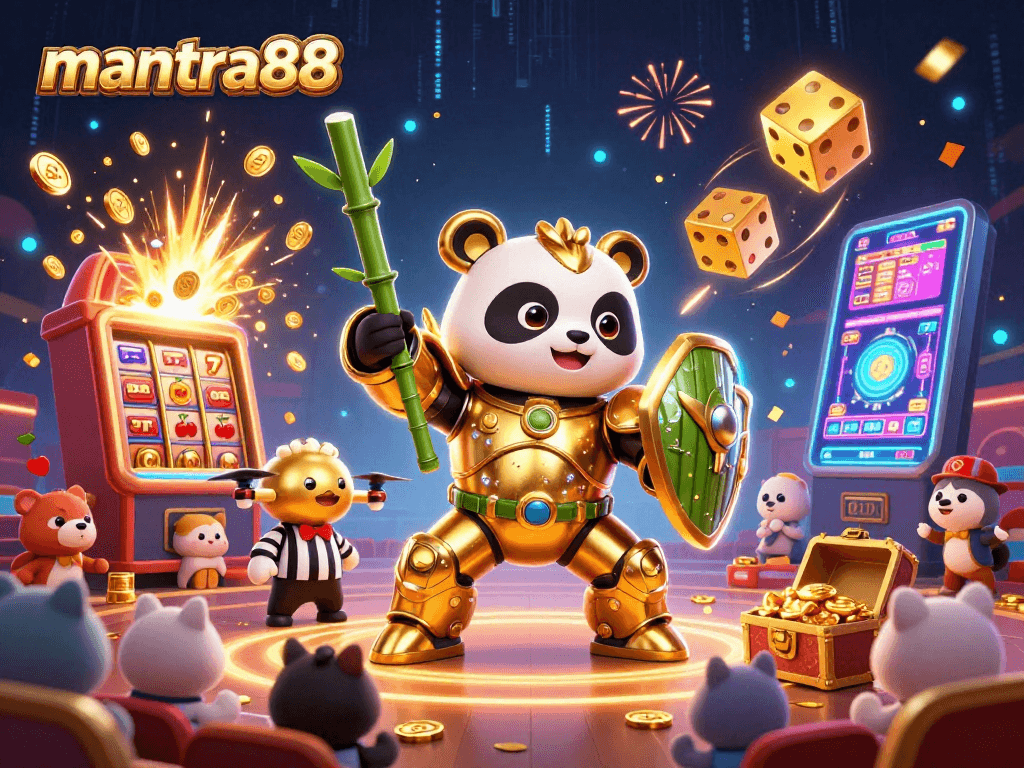 Engage with mantra88's thrilling jackpot scene featuring a golden panda in an electrifying casino atmosphere.
