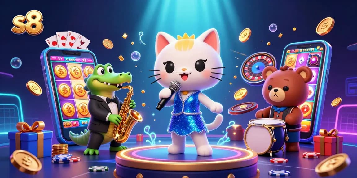 S8 players enjoy vibrant casino fun with a singing cat, saxophone croc, and drumming bear.