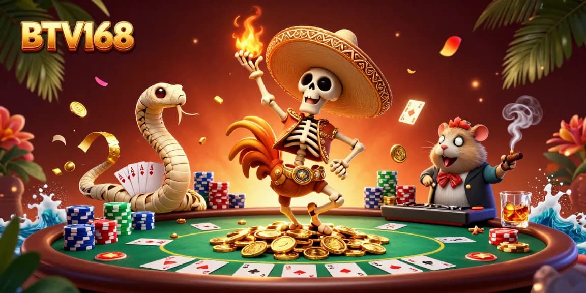 Enjoy thrilling poker action with BTV168's vibrant casino scene featuring unique characters!