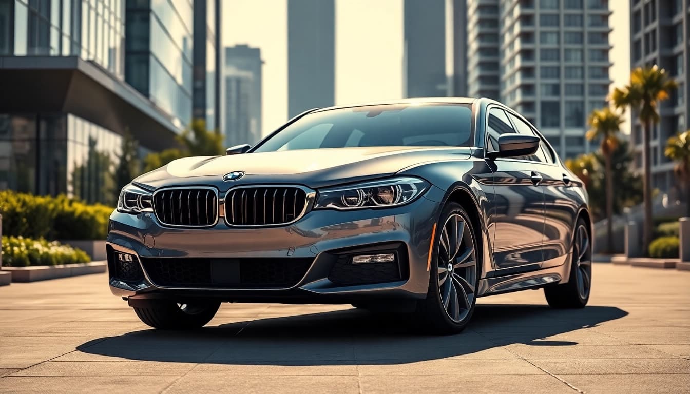 Admire the Luxury BMW car, a sleek vehicle set against a modern urban backdrop, exuding elegance and style.