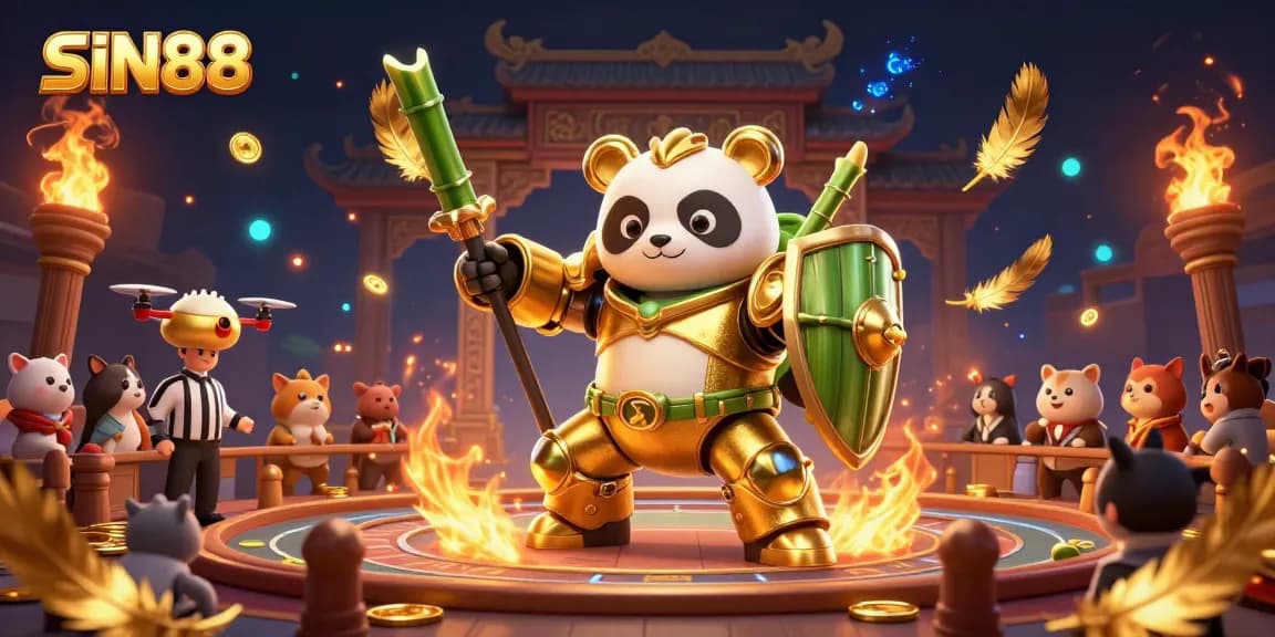 SIN88 showcases a vibrant arena with a golden panda mech, lively spectators, and dynamic casino elements.