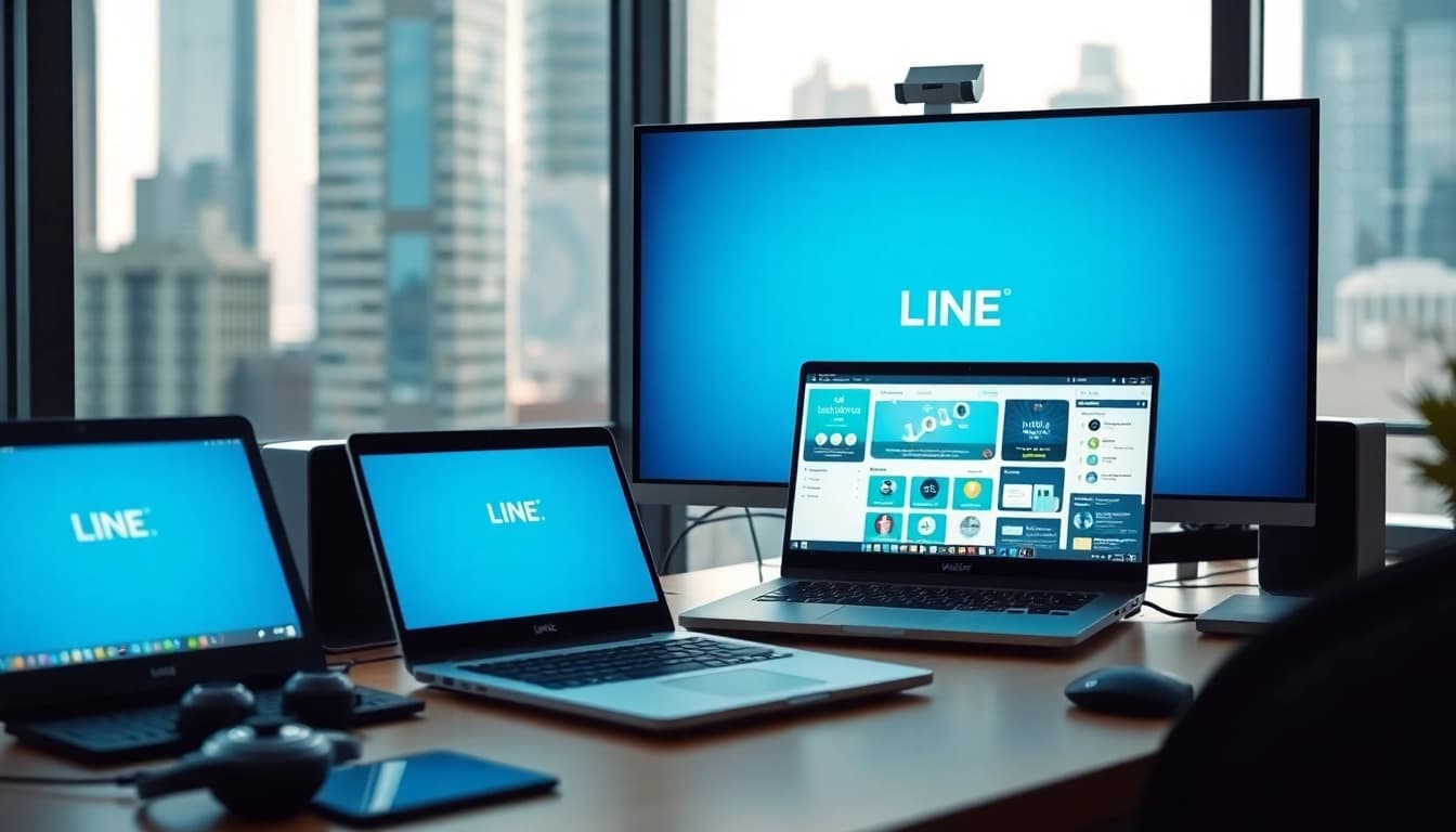 使用 line電腦版 的電腦工作環境展示,強調多屏顯示和現代工具。