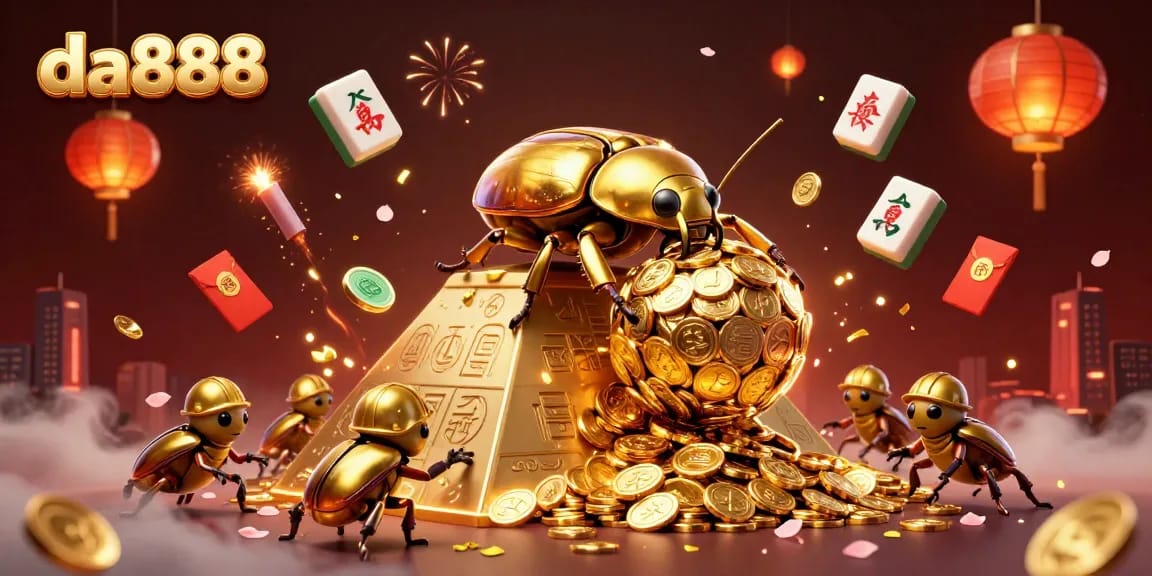 Experience the da888 gaming adventure with cartoon beetles and glowing casino symbols.