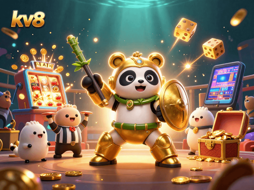 Experience excitement at kv8 with a mech-suit golden panda in a dynamic casino arena.