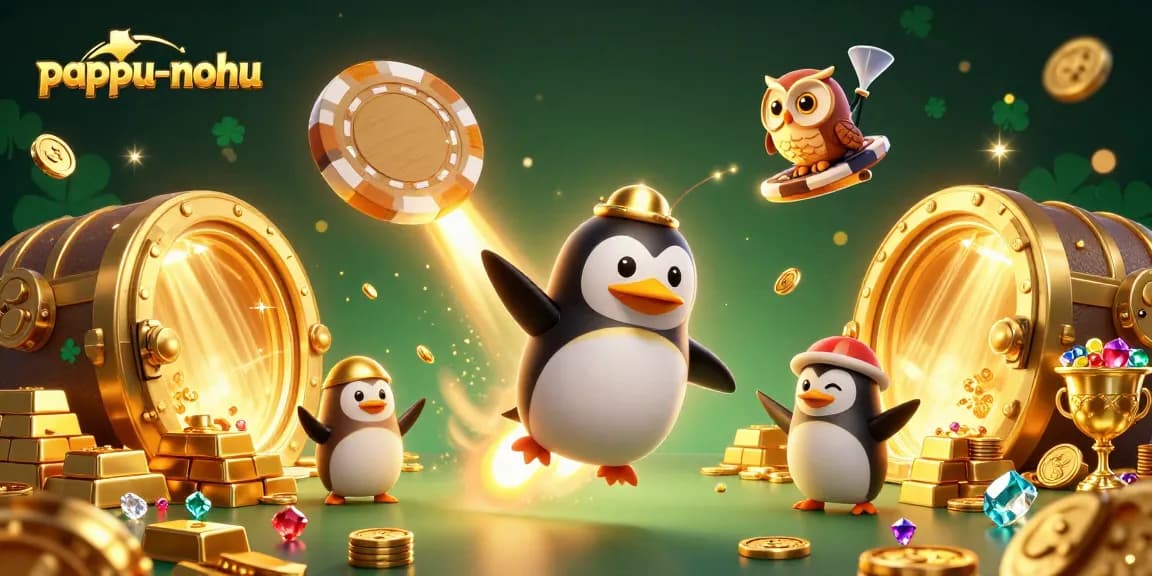 Pappu-nohu's thrilling casino game experience illustrated with a penguin flying towards a poker chip.