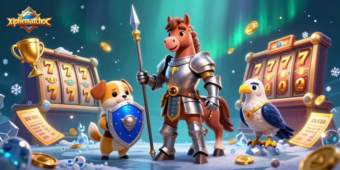 Xiphematchuoc features an engaging 3D cartoon knight and puppy in a casino scene with slot elements.