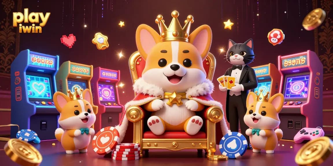 Play iwin with a whimsical 3D illustration of a royal corgi and casino elements enhancing gaming excitement.