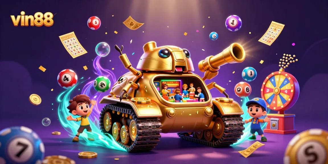 Experience thrilling gameplay at vin88 with a vibrant scene of lottery balls and festive casino elements.