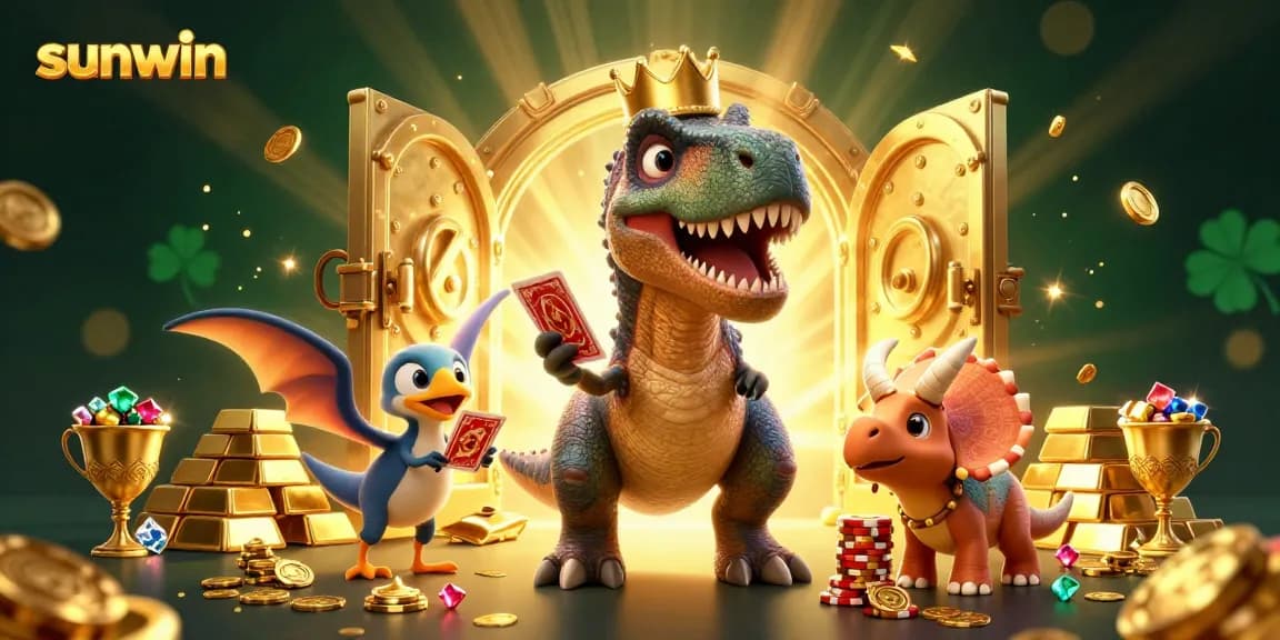 Experience thrilling gameplay with sunwin featuring a T-Rex dealing cards and exciting casino elements.
