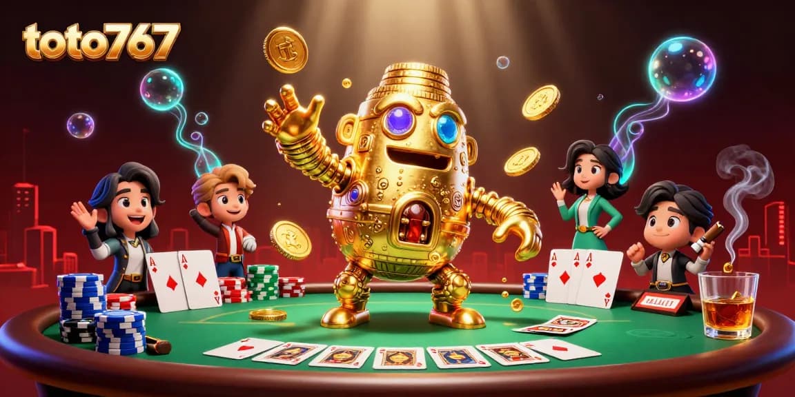 Menangkan permainan di toto767 dengan golem emas berkilau dan tumpukan chip poker yang banyak.