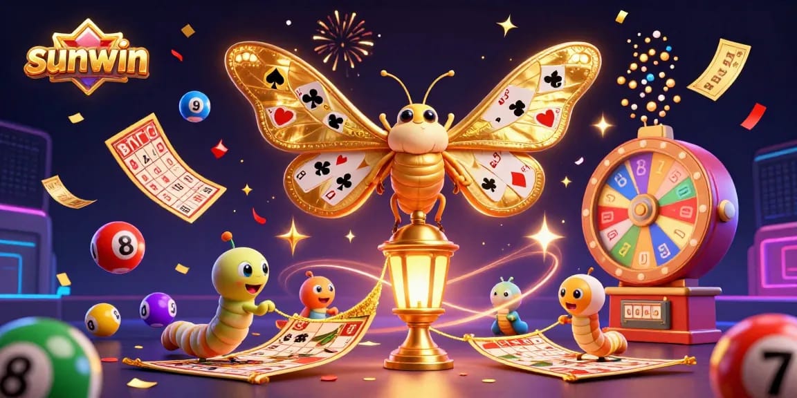 Engage with Sunwin's thrilling online casino experience, illustrated with vibrant lottery elements and gold accents.