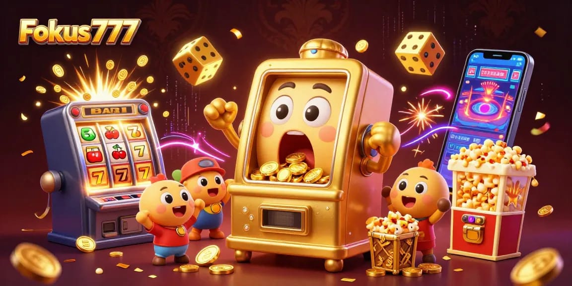 Play exciting games with Fokus777, featuring vibrant casino elements and animated characters celebrating a jackpot win.