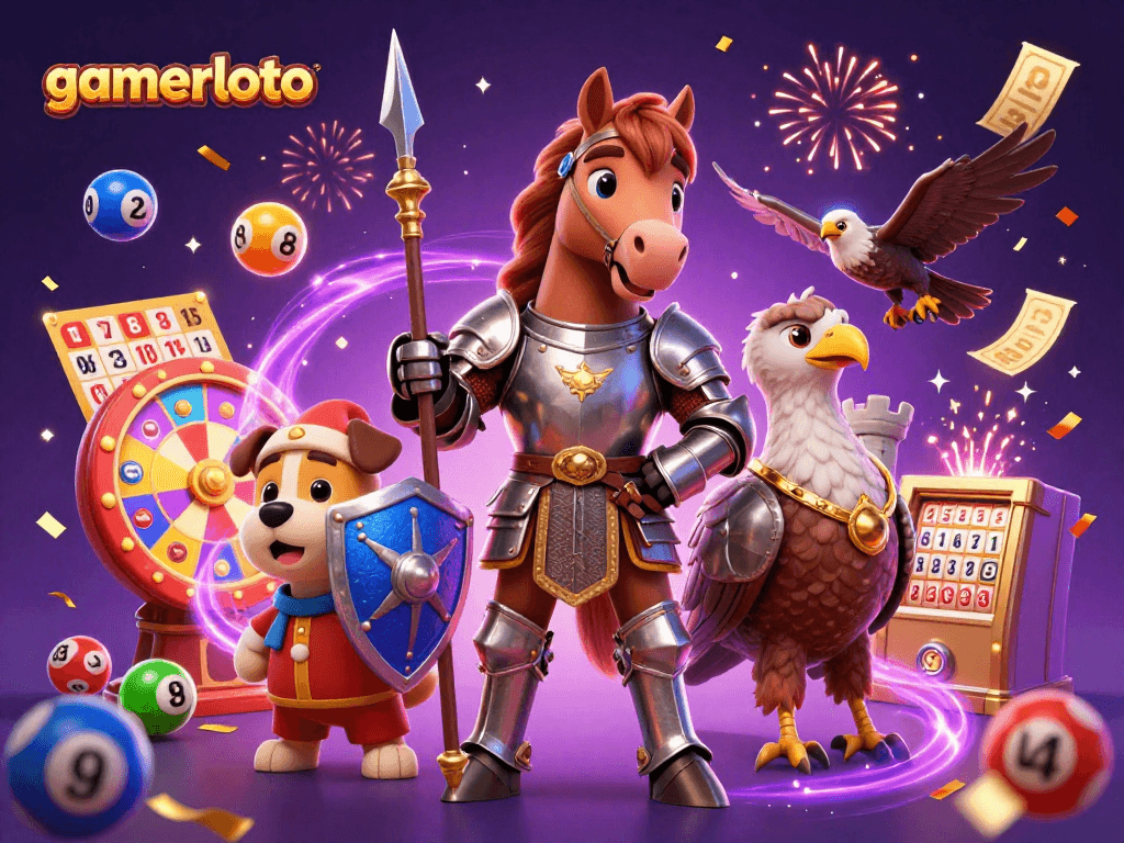Experience vibrant gaming excitement with gamerloto's energetic 3D casino scene featuring knights and lively lottery elements.