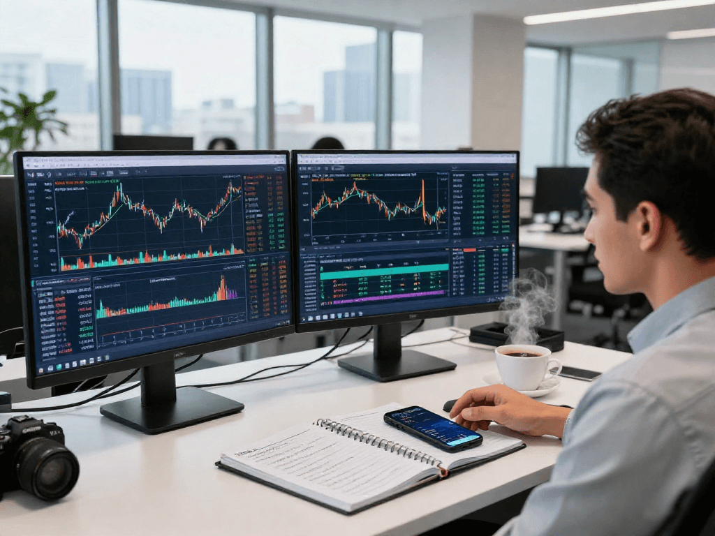 MetaTrader 5 交易者在现代办公室环境中使用多屏幕进行交易的场景