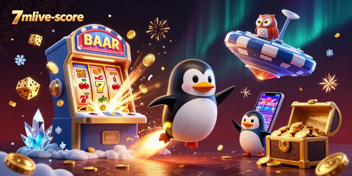 Engage with thrilling wins at 7mlive-score featuring a golden penguin and a jackpot slot machine.