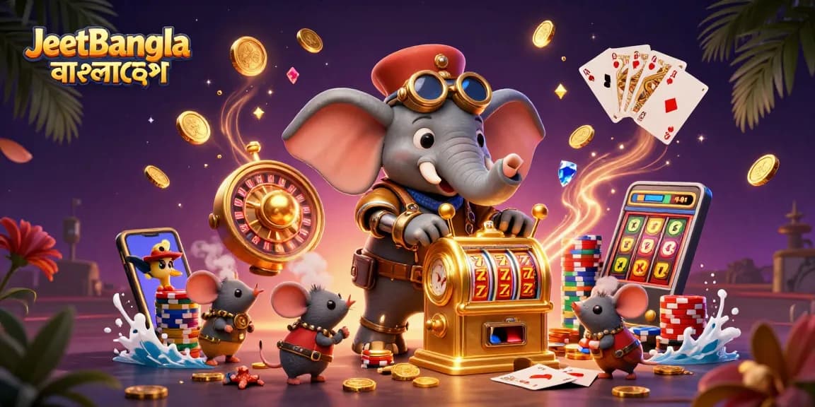 Experience excitement at JeetBangla বাংলাদেশ with thrilling slot action, golden coins cascading in a vibrant casino scene.