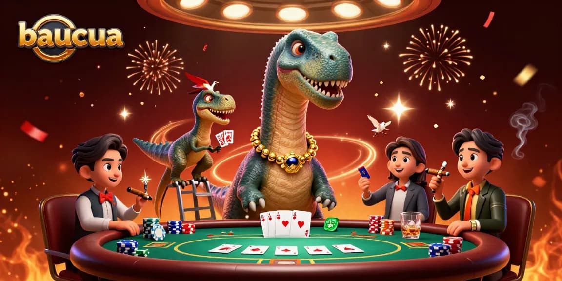 Play baucua with a giant brontosaurus and raptor dealer in a lively casino scene.