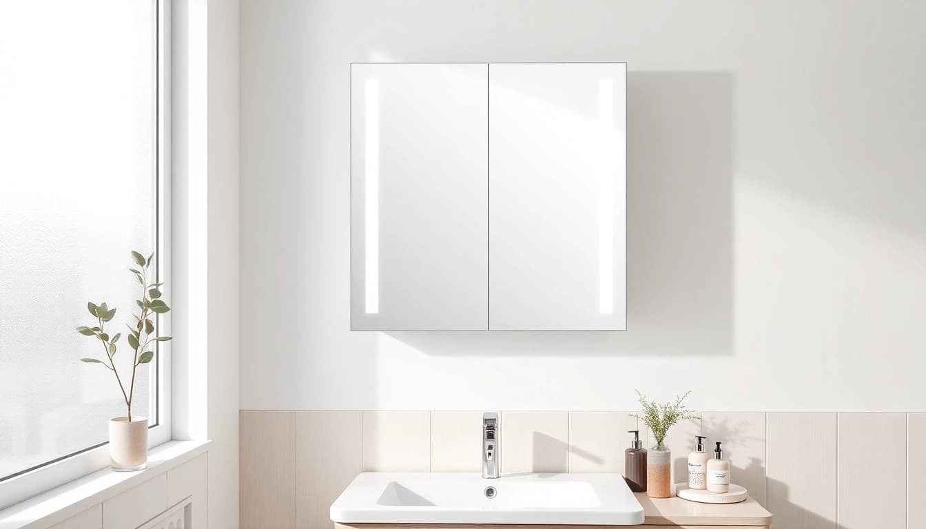 Schicke spiegelschrank bad mit Beleuchtung in modernem Badezimmer mit natürlichem Licht.