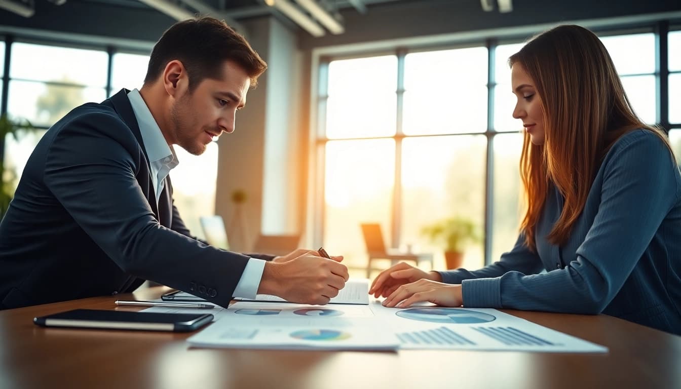 Business consultant assisting a small business owner with merchant cash advance manchester financial documents.
