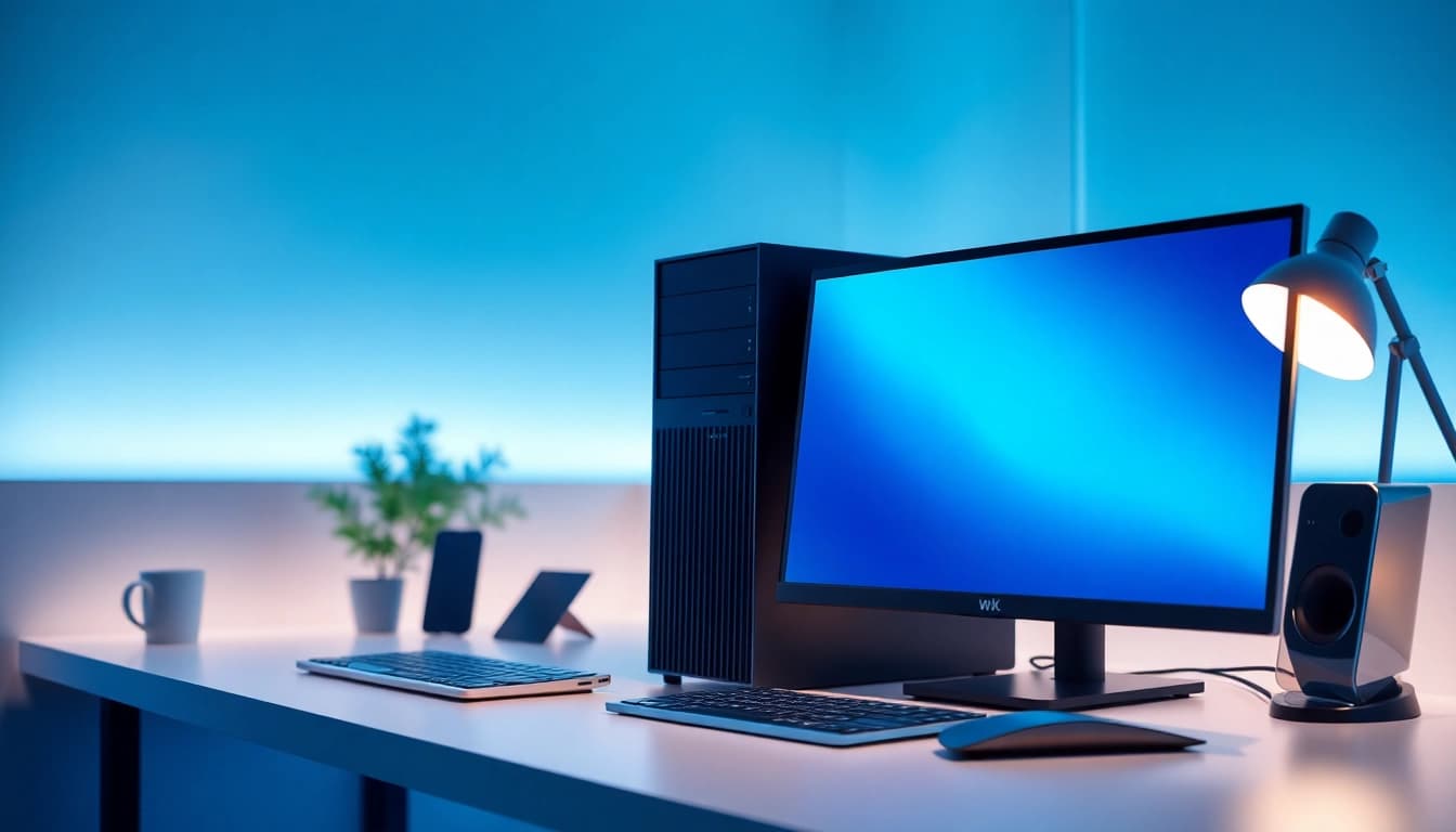 Κατασκευή του refurbished pc σε μοντέρνο γραφείο με υψηλή ανάλυση οθόνη.
