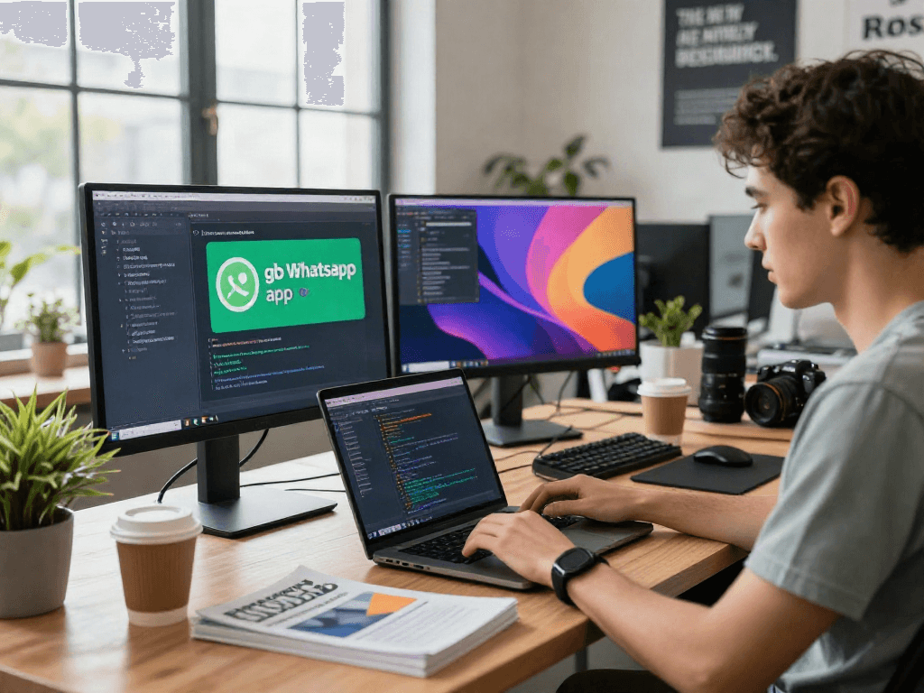 Developer coding the gb whatsapp apk in a modern workspace with vibrant screens and natural light.