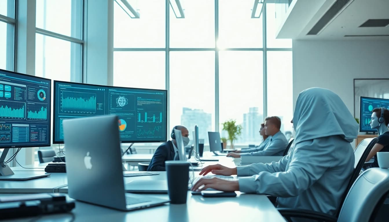 Demonstration of Ai agents optimizing workflows in a modern office.