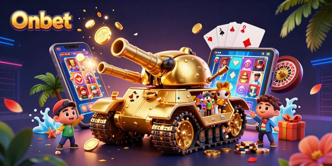 Engage with Onbet's thrilling mini-casino within a golden beetle tank, surrounded by vibrant game elements.