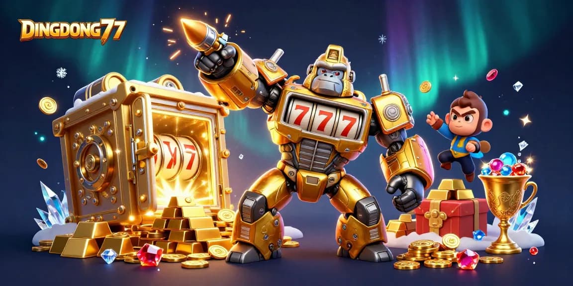 DINGDONG77 features a golden gorilla mech surrounded by jackpot symbols and treasure elements.