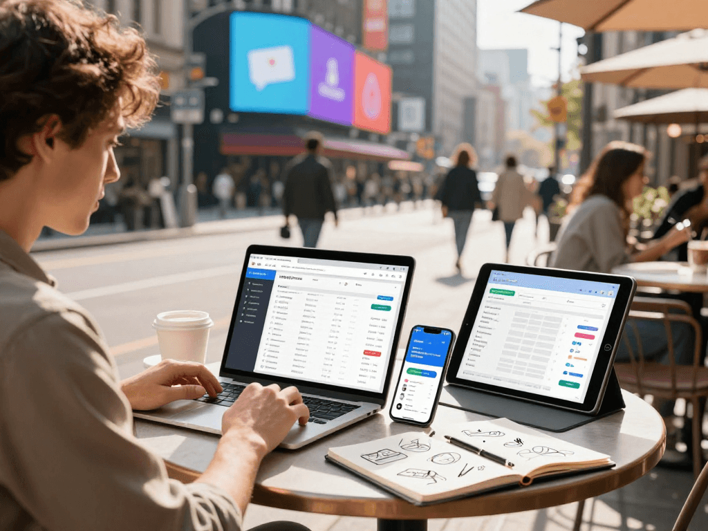 Buy app installs strategy being discussed in a vibrant café setting, with app performance metrics on devices.